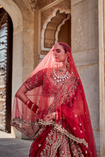 Load image into Gallery viewer, Mahanoor - Dabka Zardozi Embroidered Pure Silk Red Bridal Lehenga Set