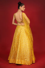 Load image into Gallery viewer, yellow banarasi chanderi lehenga set with organza dupattat and blouse