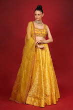 Load image into Gallery viewer, yellow banarasi chanderi lehenga set with organza dupattat and blouse