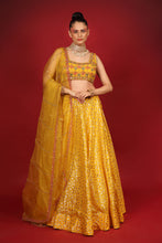 Load image into Gallery viewer, yellow banarasi chanderi lehenga set with organza dupattat and blouse