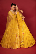 Load image into Gallery viewer, yellow banarasi chanderi lehenga set with organza dupattat and blouse
