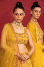 Load image into Gallery viewer, yellow banarasi chanderi lehenga set with organza dupattat and blouse
