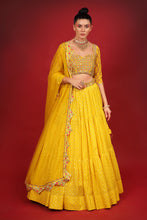Load image into Gallery viewer, yellow banarasi chanderi lehenga set with organza dupattat and blouse