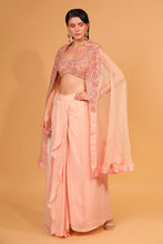Load image into Gallery viewer, peach organza cape with crepe dhoti set with cape