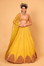 Load image into Gallery viewer, yellow net lehenga set with organza dupattat and blouse