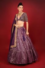 Load image into Gallery viewer, purple banarasi chanderi lehenga set with organza dupattat and blouse