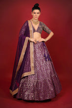 Load image into Gallery viewer, purple banarasi chanderi lehenga set with organza dupattat and blouse
