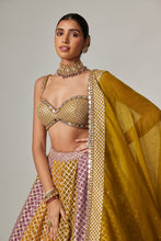 Load image into Gallery viewer, MUSTARD MULTICOLOR BIG CHECK LEHENGA SET