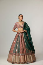 Load image into Gallery viewer, CRANBERRY MULTICOLOR LINEAR FLOWER LEHENGA SET WITH JADE GREEN DUPATTA
