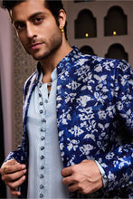 Load image into Gallery viewer, INDIGO PRINTED LONG JACKET WITH KURTA DHOTI