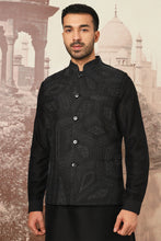 Load image into Gallery viewer, Black Linen Kantha Embroidered Kurta Bundi Set