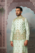 Load image into Gallery viewer, Viridian Fern Raw Silk Embroidered Kurta Bundi Set