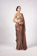 Load image into Gallery viewer, DEEP BEIGE SATIN SAREE WITH SQUARE NECK BLOUSE