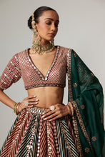Load image into Gallery viewer, CRANBERRY MULTICOLOR LINEAR FLOWER LEHENGA SET WITH JADE GREEN DUPATTA