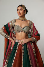 Load image into Gallery viewer, CRANBERRY MULTICOLOR LINEAR LEHENGA WITH SWEETHEART FULL SLEEVE BLOUSE.