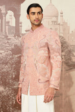 Load image into Gallery viewer, Peach Desert Linen Embroidered Bandhgala Set