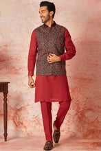 Load image into Gallery viewer, Red Linen Kurta Bundi Set with Multicolor Resham Embroidery