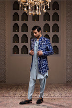 Load image into Gallery viewer, INDIGO PRINTED LONG JACKET WITH KURTA DHOTI