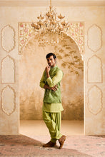 Load image into Gallery viewer, EMBROIDERED LIGHT GREEN MIRRORWORK BUNDI JACKET WITH KURTA SALWAR