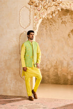 Load image into Gallery viewer, GREEN FLORAL BUNDI YELLOW KURTA PANT