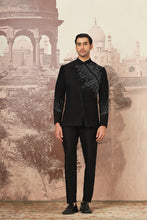 Load image into Gallery viewer, Midnight Black Asymmetrical Hand Embroidered Bandhgala Set