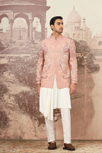 Load image into Gallery viewer, Peach Desert Linen Embroidered Bandhgala Set