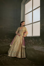 Load image into Gallery viewer, Gold woven benarsi silk lehenga with blouse and dupatta