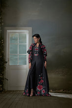 Load image into Gallery viewer, Floral embroidered black long dress with a short jacket and trouser