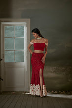 Load image into Gallery viewer, Red skirt with pleated crop top and dupatta