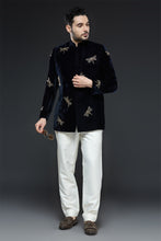 Load image into Gallery viewer, Navy Blue Velvet Dragonfly Bandhgala Set
