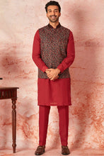 Load image into Gallery viewer, Red Linen Kurta Bundi Set with Multicolor Resham Embroidery