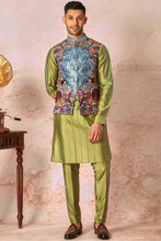 Load image into Gallery viewer, Turquoise Sequin-Adorned Bundi Set with Olive Green Cotton silk pintuck Kurta