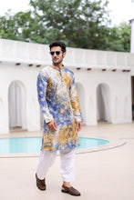 Load image into Gallery viewer, Mustard and Blue Tie-Dye Resham Embroidered Kurta