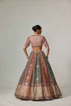 Load image into Gallery viewer, CRANBERRY MULTICOLOR LINEAR FLOWER LEHENGA SET WITH JADE GREEN DUPATTA