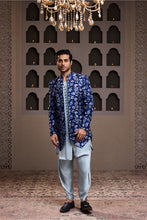 Load image into Gallery viewer, INDIGO PRINTED LONG JACKET WITH KURTA DHOTI
