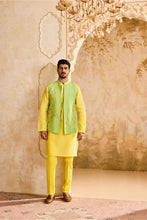 Load image into Gallery viewer, GREEN FLORAL BUNDI YELLOW KURTA PANT