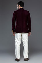 Load image into Gallery viewer, Wine Velvet Dragonfly Bandhgala Set