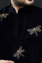 Load image into Gallery viewer, Navy Blue Velvet Dragonfly Bandhgala Set