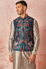 Load image into Gallery viewer, Grey Silk Kurta Bundi Set with Multicolor Resham Embroidery