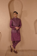 Load image into Gallery viewer, EMBROIDERED WINE MIRRORWORK BUNDI JACKET WITH KURTA AND PANT