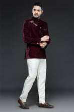 Load image into Gallery viewer, Wine Velvet Dragonfly Bandhgala Set