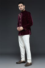 Load image into Gallery viewer, Wine Velvet Dragonfly Bandhgala Set
