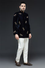 Load image into Gallery viewer, Navy Blue Velvet Dragonfly Bandhgala Set