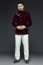 Load image into Gallery viewer, Wine Velvet Dragonfly Bandhgala Set
