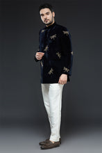 Load image into Gallery viewer, Navy Blue Velvet Dragonfly Bandhgala Set