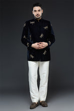 Load image into Gallery viewer, Navy Blue Velvet Dragonfly Bandhgala Set