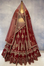 Load image into Gallery viewer, Maroon Raw Silk Double Dupatta Lehenga Set