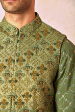Load image into Gallery viewer, Geometric Green Chanderi Silk Kurta Bundi Set
