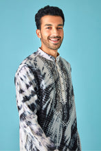 Load image into Gallery viewer, Monochrome Beauty: White and Black Tie-Dye Pure Linen Kurta with Mirror and Dori Embroidery