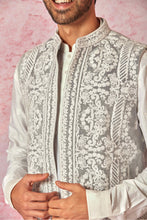 Load image into Gallery viewer, Grey Velvet Dori Embroidered Bundi with Light Grey Silk Kurta Set